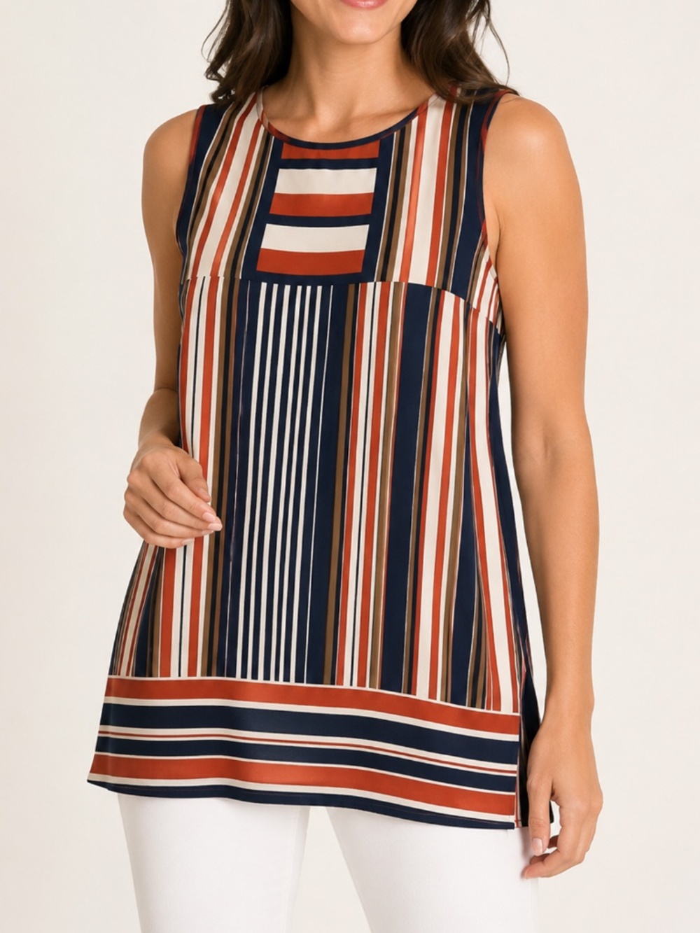Max Studio Mixed Stripe Sleeveless Tunic Blouse Navy Rust Small